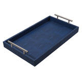 Discover the Canaan Shagreen Serving Tray from One Preevay—a luxurious tray crafted with sea blue exotic embossed leather and nickel hardware. Available in three sizes: 17"x10", 20"x13", and 23"x15". Elevate your entertaining experience with sophistication and style. Order with confidence