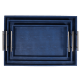 Discover the Canaan Shagreen Serving Tray from One Preevay—a luxurious tray crafted with sea blue exotic embossed leather and nickel hardware. Available in three sizes: 17"x10", 20"x13", and 23"x15". Elevate your entertaining experience with sophistication and style. Order now all three