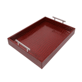 Discover the Pemberley Butler Red Leather Tray from One Preevay Luxury Home Furnishings—a masterpiece of sophistication and style. Handcrafted with embossed red crocodile leather, elegant nickel handles, and a luxurious black velvet underside, this tray is perfect for elevating your entertaining experience. Available in two spacious sizes, 15.8x15.8 inches and 19x14 inches, it combines exquisite craftsmanship with versatile functionality. Order now to indulge in the art of luxury entertaining.