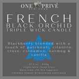 Indulge in the French Black Orchid Perfumed Estate Candle from One Preevay. Handcrafted with premium essential oils and organic soy wax, it features a pale gray ceramic vessel. With a triple wick and 21.2 oz size, enjoy the aromatic blend of blackberry, patchouli, and spices. Elevate your ambiance today and this weekend