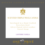 Discover the Lavender and Vanilla Perfumed Estate Candle from One Preevay. Handcrafted with premium essential oils and soy wax, it features a porcelain bowl with a silver-plated lid and leather strap. With a triple wick and 15.8 oz size, enjoy the aromatic blend of lavender and vanilla. Order now to elevate your ambiance.