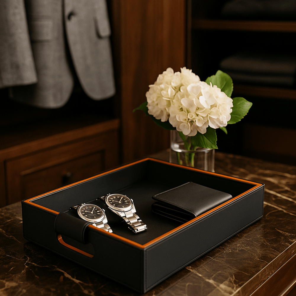 Cooper Black Hand-Stitched Premium Leather Serving Tray - One
