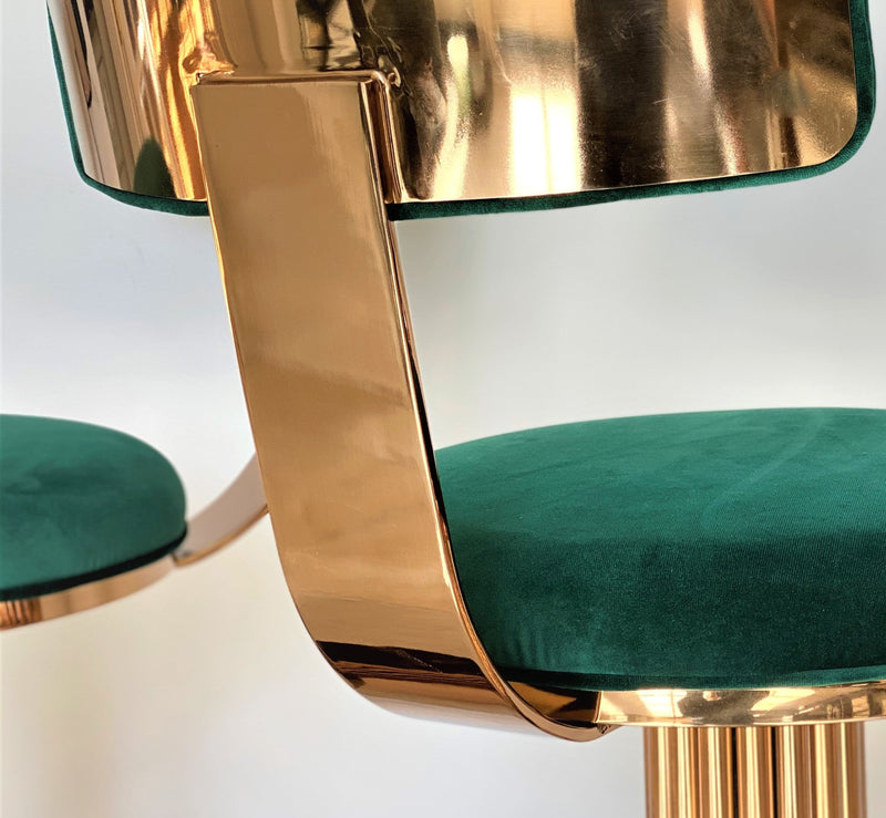 Discover the Atlas Bar Stool by One Preevay, inspired by the Chrysler Building. Customizable with textured bronze metal and plush velvet. Perfect for luxury residences and upscale spaces close up base single back