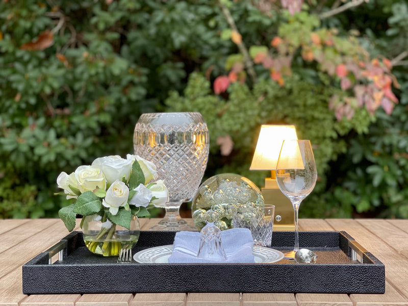 ONYX Shagreen Serving Tray | Exotic Embossed Leather and Nickel Handles Black.