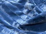 Ribbed Faux Rabbit & Velvet Blanket Collection by One Preevay Luxury Home Furnishings & Decor. Inspired by the regal Robe Royal, each hand-stitched piece features premium cruelty-free faux rabbit fur with elegant velvet underside, available in four luxurious colors: Elegant Black, Warm Beige, Classic Navy, and Dramatic Gray. Sizes: Twin (60" x 90"), Queen (90" x 90"). Hypoallergenic, soothing ribbed design for relaxation and easy care. Cruelty-free luxury, unmatched craftsmanship and detail in Blue flowing 