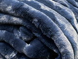 Ribbed Faux Rabbit & Velvet Blanket Collection by One Preevay Luxury Home Furnishings & Decor. Inspired by the regal Robe Royal, each hand-stitched piece features premium cruelty-free faux rabbit fur with elegant velvet underside, available in four luxurious colors: Elegant Black, Warm Beige, Classic Navy, and Dramatic Gray. Sizes: Twin (60" x 90"), Queen (90" x 90"). Hypoallergenic, soothing ribbed design for relaxation and easy care. Cruelty-free luxury, unmatched craftsmanship and detail in Blue 
