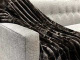 Ribbed Faux Rabbit & Velvet Blanket Collection by One Preevay Luxury Home Furnishings & Decor. Inspired by the regal Robe Royal, each hand-stitched piece features premium cruelty-free faux rabbit fur with elegant velvet underside, available in four luxurious colors: Elegant Black, Warm Beige, Classic Navy, and Dramatic Gray. Sizes: Twin (60" x 90"), Queen (90" x 90"). Hypoallergenic, soothing ribbed design for relaxation and easy care. Cruelty-free luxury, unmatched craftsmanship and detail in black..