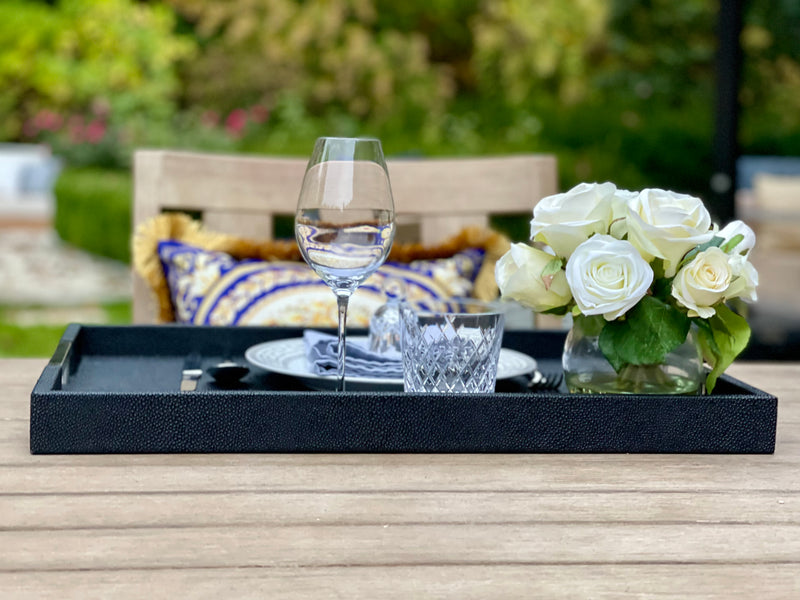 "Indulge in luxury with One Preevay's ONYX Shagreen Serving Tray. Expertly crafted with textured leather, nickel handles & ivory velvet. Perfect for special occasions, grand events & intimate gatherings. Order now & elevate your lifestyle...
