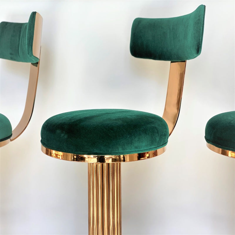 Discover the Atlas Bar Stool by One Preevay, inspired by the Chrysler Building. Customizable with textured bronze metal and plush velvet. Perfect for luxury residences and upscale venues. Minimum order: 2 stools. 