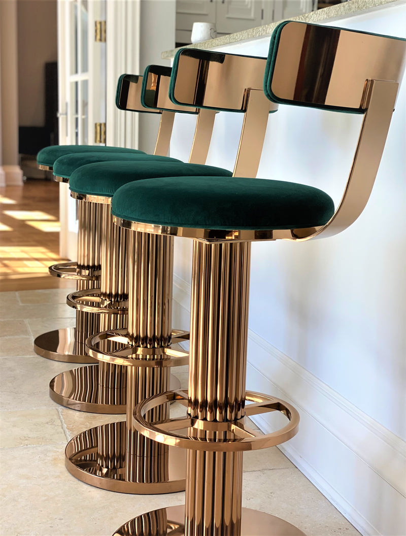 Discover the Atlas Bar Stool by One Preevay, inspired by the Chrysler Building. Customizable with textured bronze metal and plush velvet. Perfect for luxury residences and upscale venues. Minimum order: 2 stools...