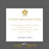 Discover the Lavender and Vanilla Perfumed Estate Candle from One Preevay. Handcrafted with premium essential oils and soy wax, it features a porcelain bowl with a silver-plated lid and leather strap. With a triple wick and 15.8 oz size, enjoy the aromatic blend of lavender and vanilla. Order now to elevate your ambiance.
