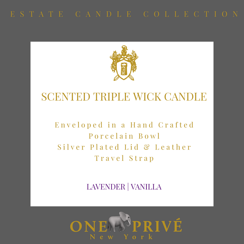 Discover the Lavender and Vanilla Perfumed Estate Candle from One Preevay. Handcrafted with premium essential oils and soy wax, it features a porcelain bowl with a silver-plated lid and leather strap. With a triple wick and 15.8 oz size, enjoy the aromatic blend of lavender and vanilla. Order now to elevate your ambiance.
