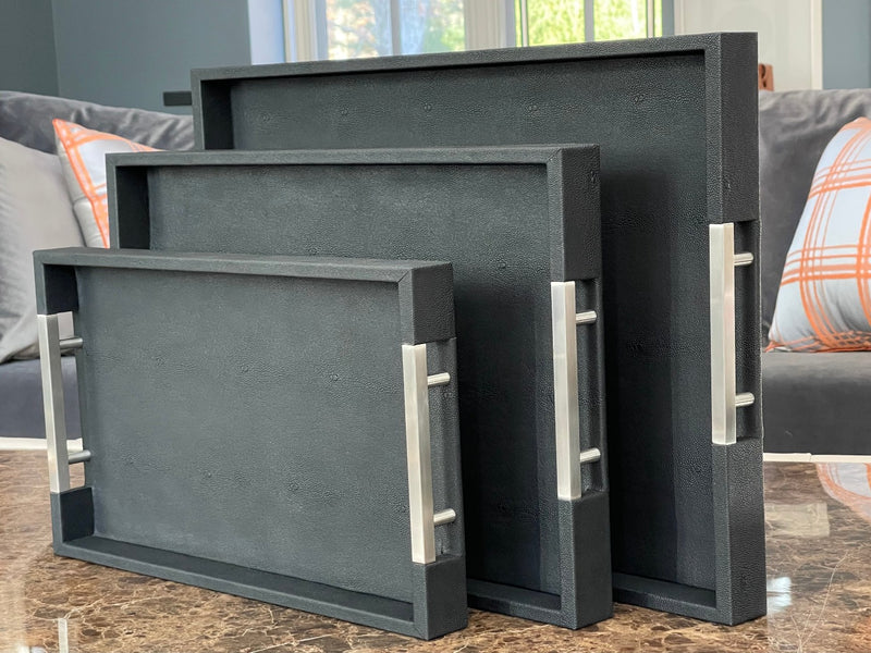 The ONYX Shagreen Serving Tray | Exotic Embossed Leather and Nickel Handles | Black  Elevate Your Entertaining Experience  Indulge in the luxury of the ONYX Shagreen Serving Tray