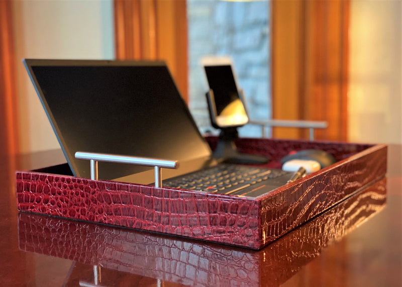 Upgrade your remote work setup with the Professional Portable Work Station in premium red embossed leather. Highly durable and lightweight, it features dual access ports for versatility and function.