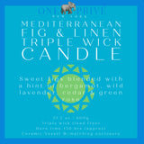 the Mediterranean Fig & Linen Perfumed Estate Candle from One Preevay. Handcrafted with essential oils and soy wax, it features a 21.2 oz pale gray ceramic vessel. Enjoy the fusion of figs, bergamot, lavender, Label 