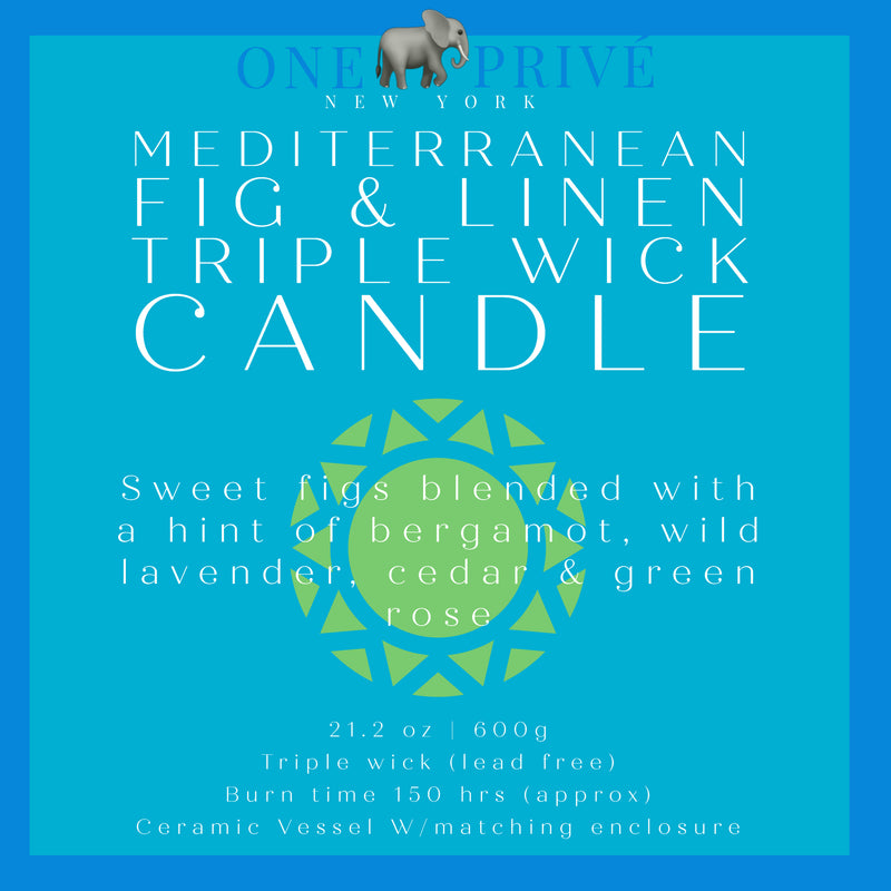 the Mediterranean Fig & Linen Perfumed Estate Candle from One Preevay. Handcrafted with essential oils and soy wax, it features a 21.2 oz pale gray ceramic vessel. Enjoy the fusion of figs, bergamot, lavender, Label 